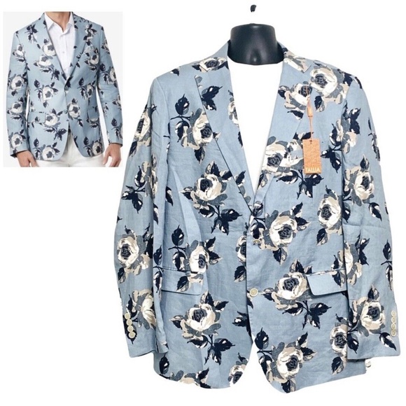 TALLIA Men's Slim-Fit Blue Floral Print Linen Blazer 42 Short NWT - Picture 2 of 11
